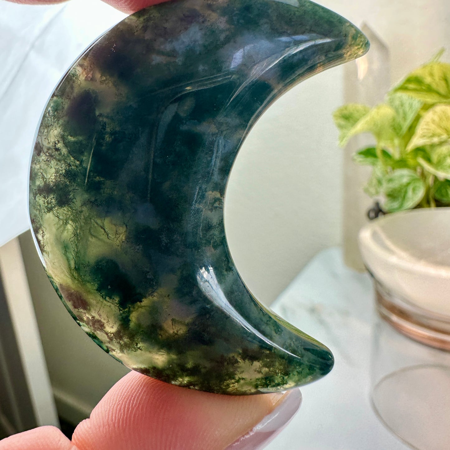 Moss Agate Crescent Moon — 2 Inches Tall
Earth Magic • Growth • Connection to Nature