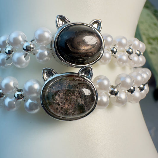 Cat Charm Bracelet — Faux Pearl with Natural Garden Quartz or Hypersthene
Whimsy | Protection | Inner Vision