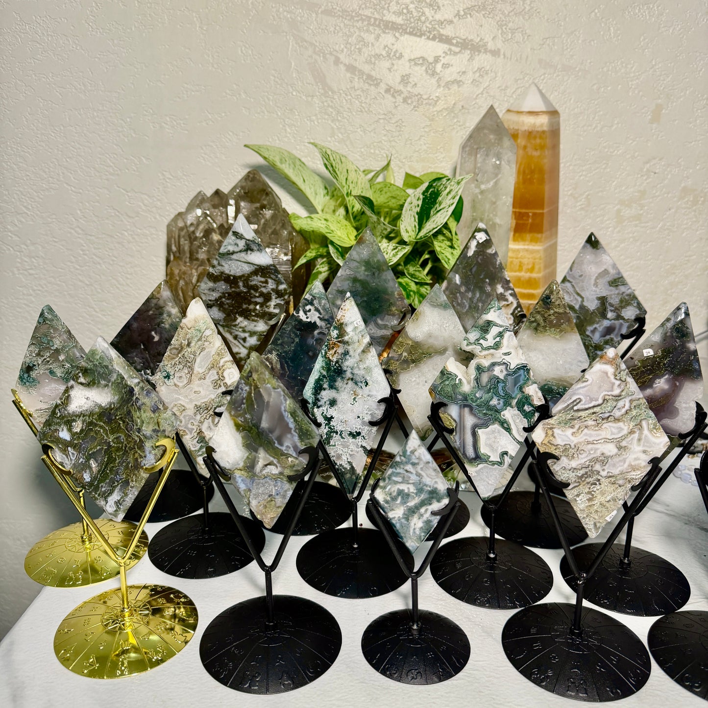 Moss Agate Rhombus with Stand - Imperfect