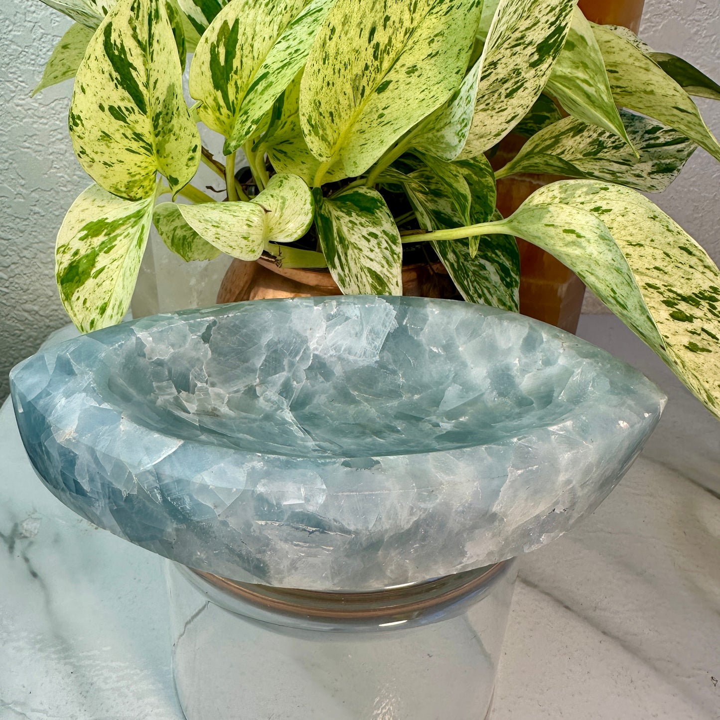Blue Calcite Bowl — 2 lbs | 7.25” L x 1.25” H
Calm | Communication | Emotional Release