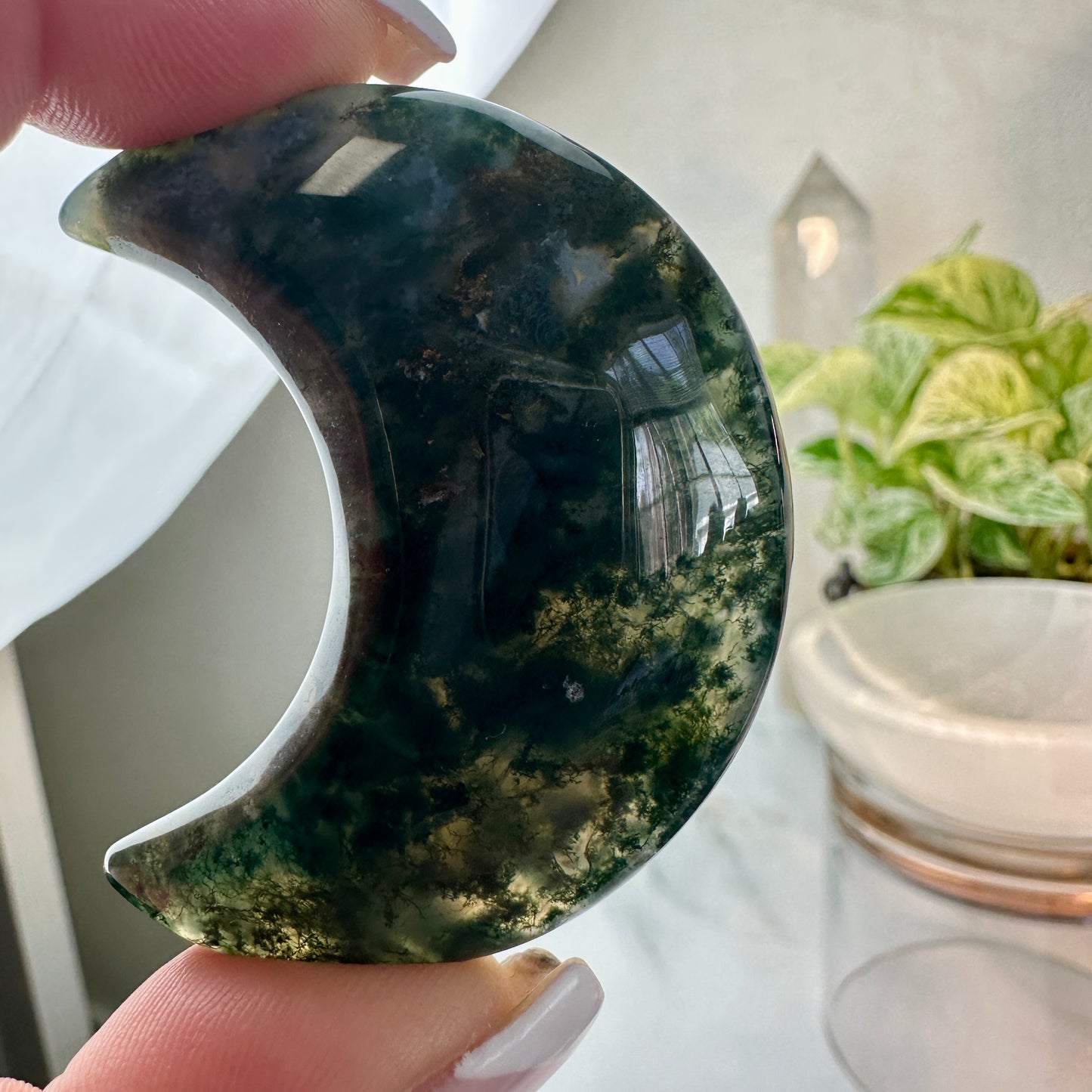 Moss Agate Crescent Moon — 2 Inches Tall
Earth Magic • Growth • Connection to Nature