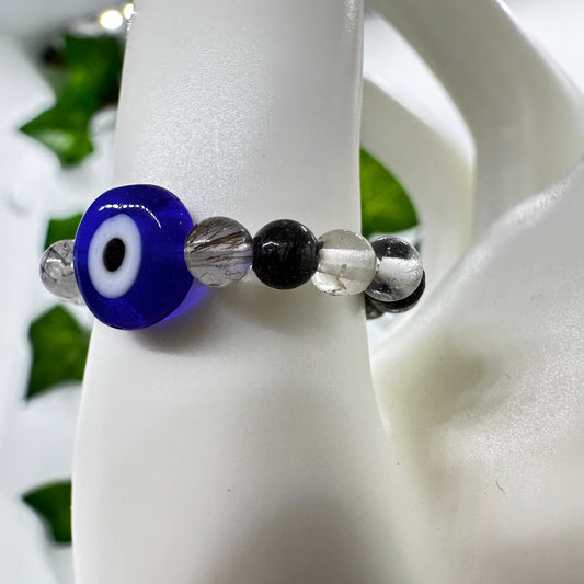 Tourmalinated Quartz Evil Eye Bead Ring - Katie's Mystic Crystals