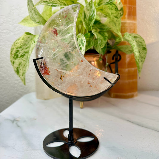 Hematite-Included Quartz Crescent Moons on Custom Stands
🌙 Celestial Beauty • Energy Amplifier • Rainbow Light Codes