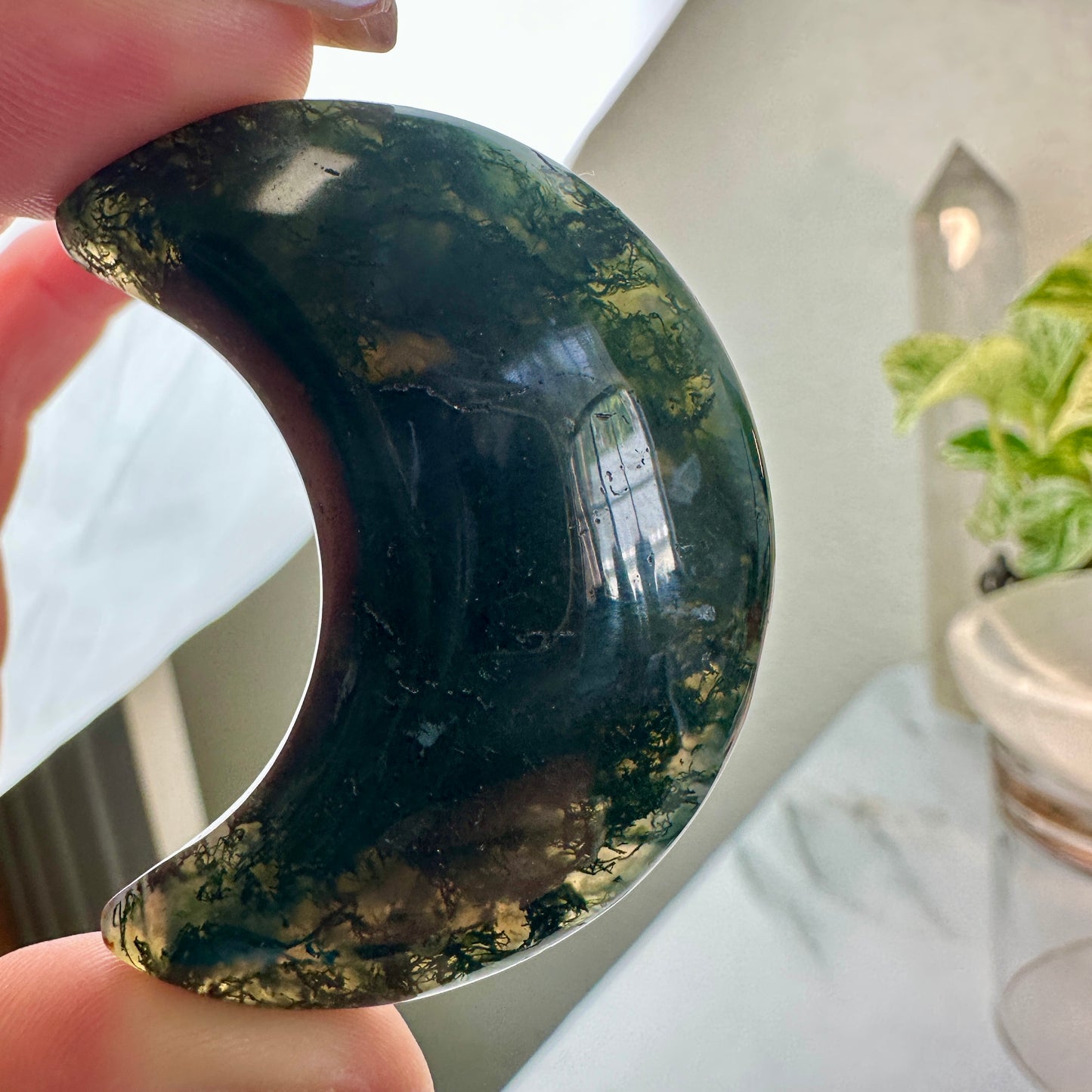 Moss Agate Crescent Moon — 2 Inches Tall
Earth Magic • Growth • Connection to Nature