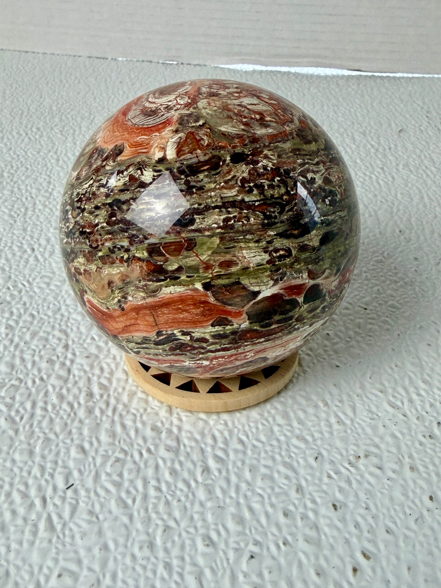 Natural Money Agate Sphere (674g) – Statement Orbicular Crystal Ball with Red Jasper Accents