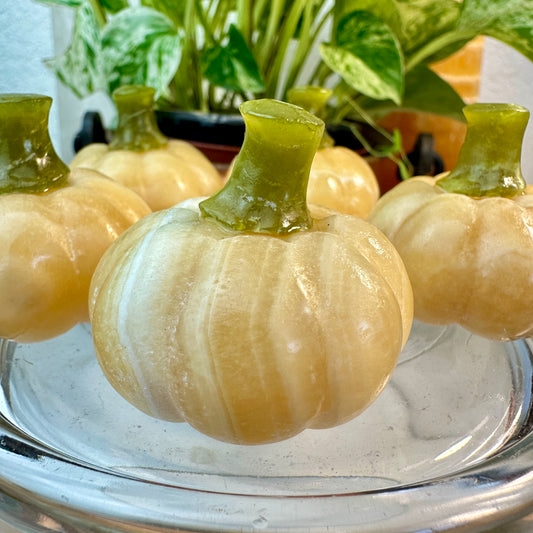 Banded Calcite Pumpkin with Serpentine Stem — 1.5 Inches Tall
Joy • Transformation • Earth Energy