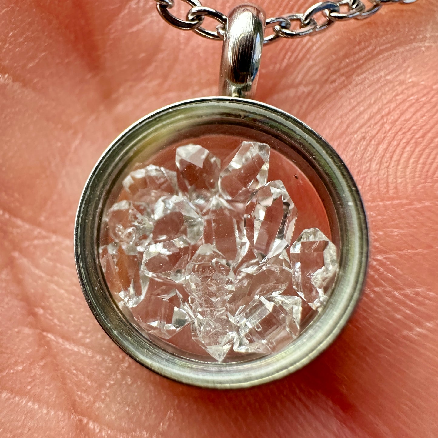Herkimer Diamond Crystal Locket Necklace — Stainless Steel 19” Chain + 15mm Window Pendant ✨🔍