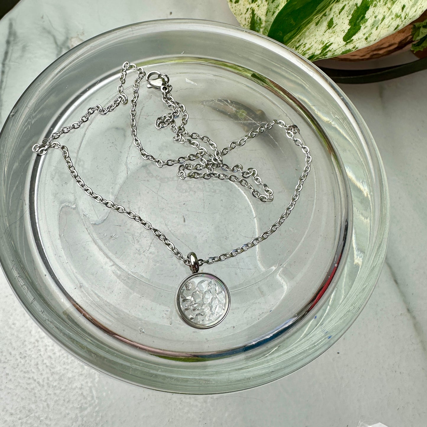 Herkimer Diamond Crystal Locket Necklace — Stainless Steel 19” Chain + 15mm Window Pendant ✨🔍