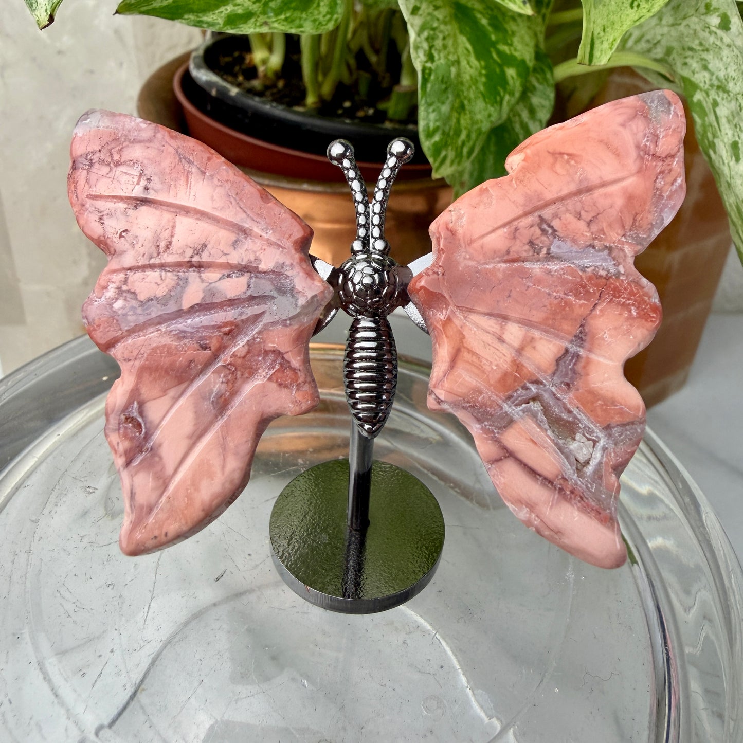 Crystal Butterfly Wings on Stand – Rhodonite & Pink Agate (1.9” Tall Wings)