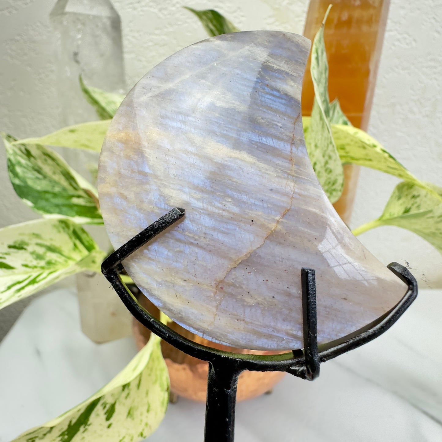 Belomorite Moonstone Crystal Crescent Moons - Custom Stands Included