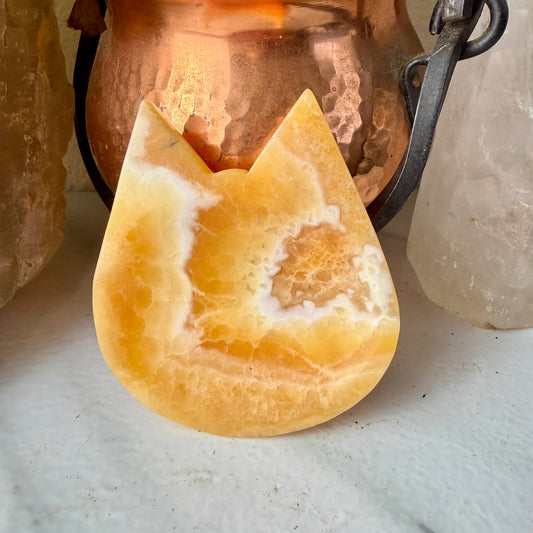 Polished Orange Calcite Cat Head Dish – Crystal Decor, Spiritual Energy, Jewelry Holder, Meditation Altar Accent