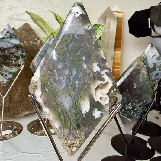Moss Agate Rhombus with Stand - Imperfect