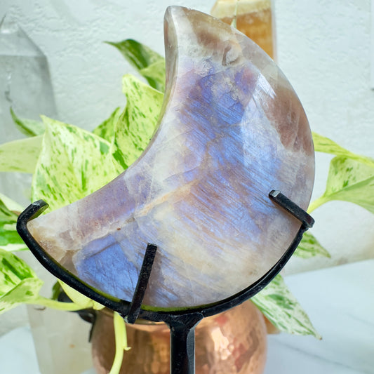 Belomorite Moonstone Crystal Crescent Moons - Custom Stands Included