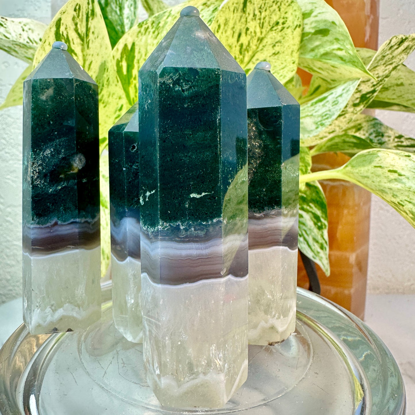 Moss Agate Points (with Quartz & Agate Layers) — 3 to 3.6 inch
Growth | Stability | Earth Connection