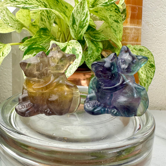 Fluorite Hugging Cats — 2 Inch “Love” Carving
