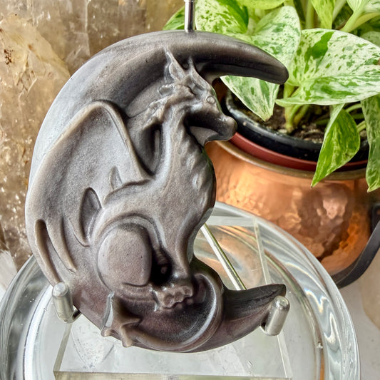 Silver Obsidian Dragon with Crescent Moon Carving - 74g Unique Piece