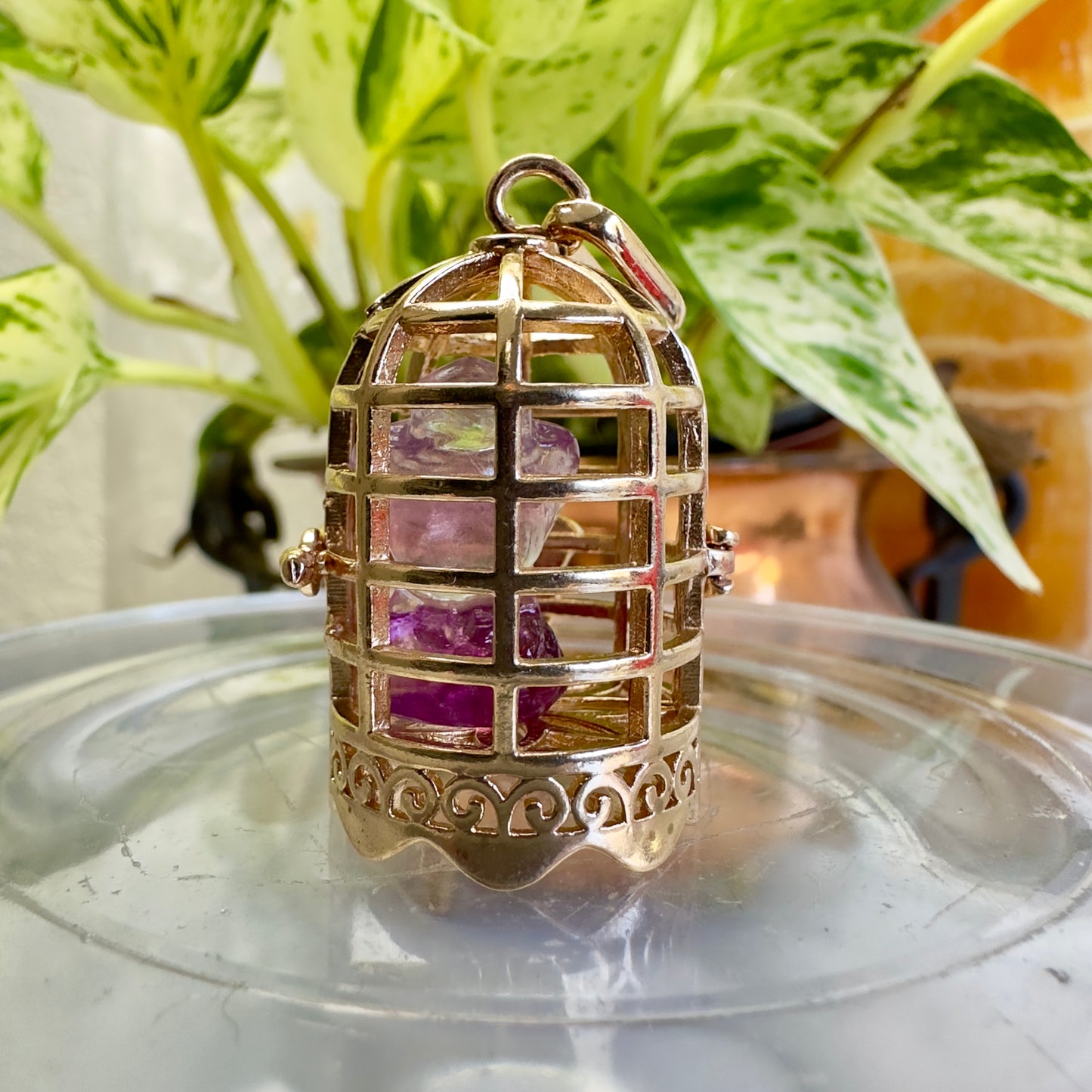 Bird Cage Pendant with Crystal Raven - 1.2 inch - Copper