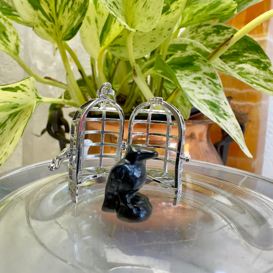 Bird Cage Pendant with Crystal Raven - 1.2 inch - Copper