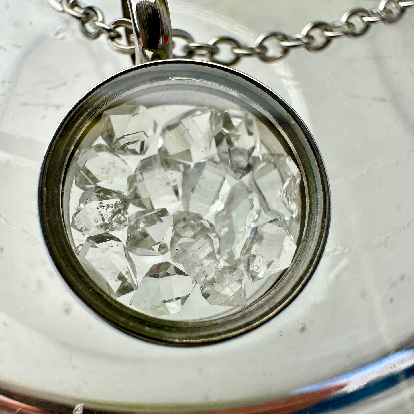 Herkimer Diamond Crystal Locket Necklace — Stainless Steel 19” Chain + 15mm Window Pendant ✨🔍