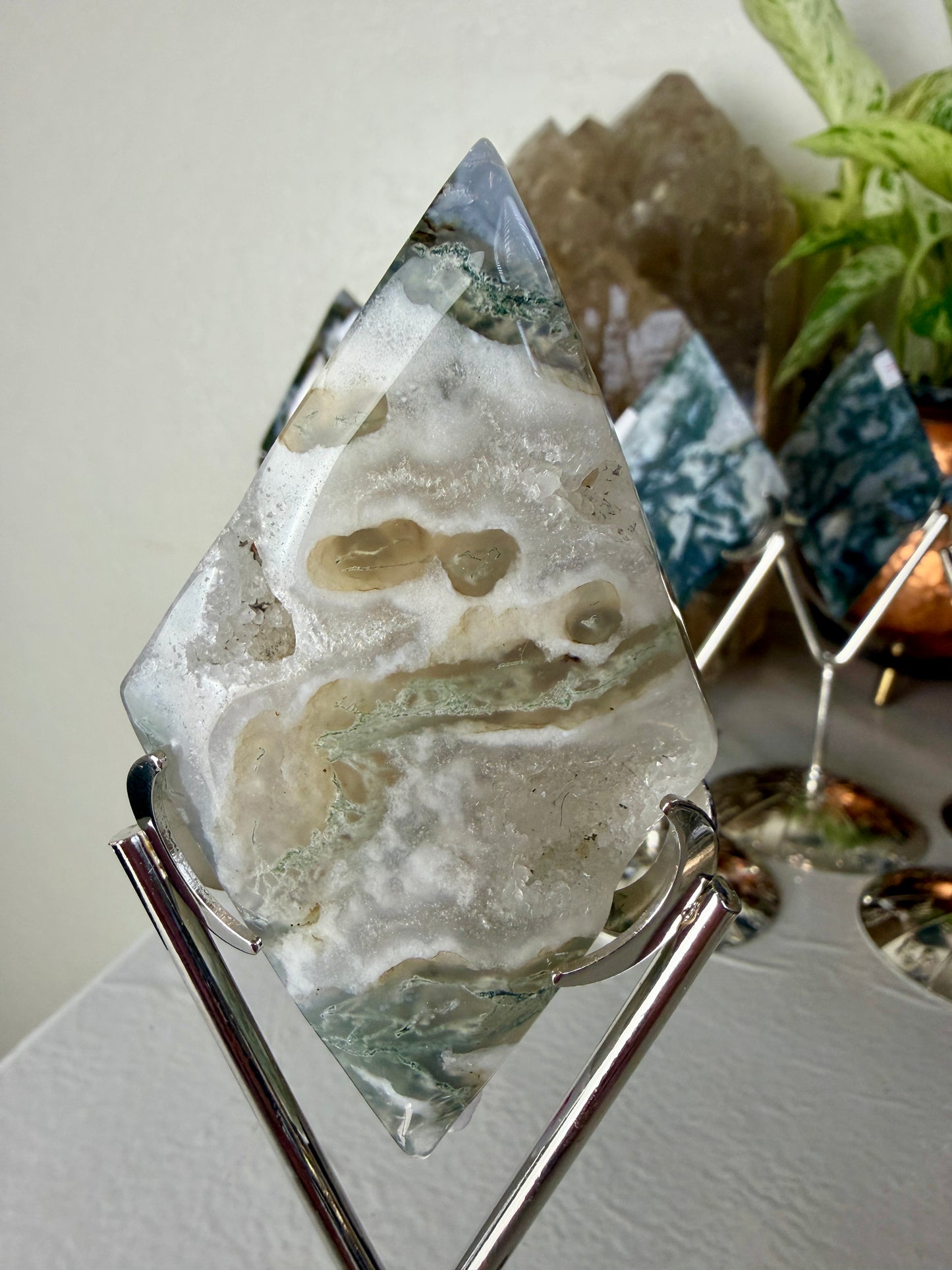 Moss Agate Rhombus with Stand - Imperfect