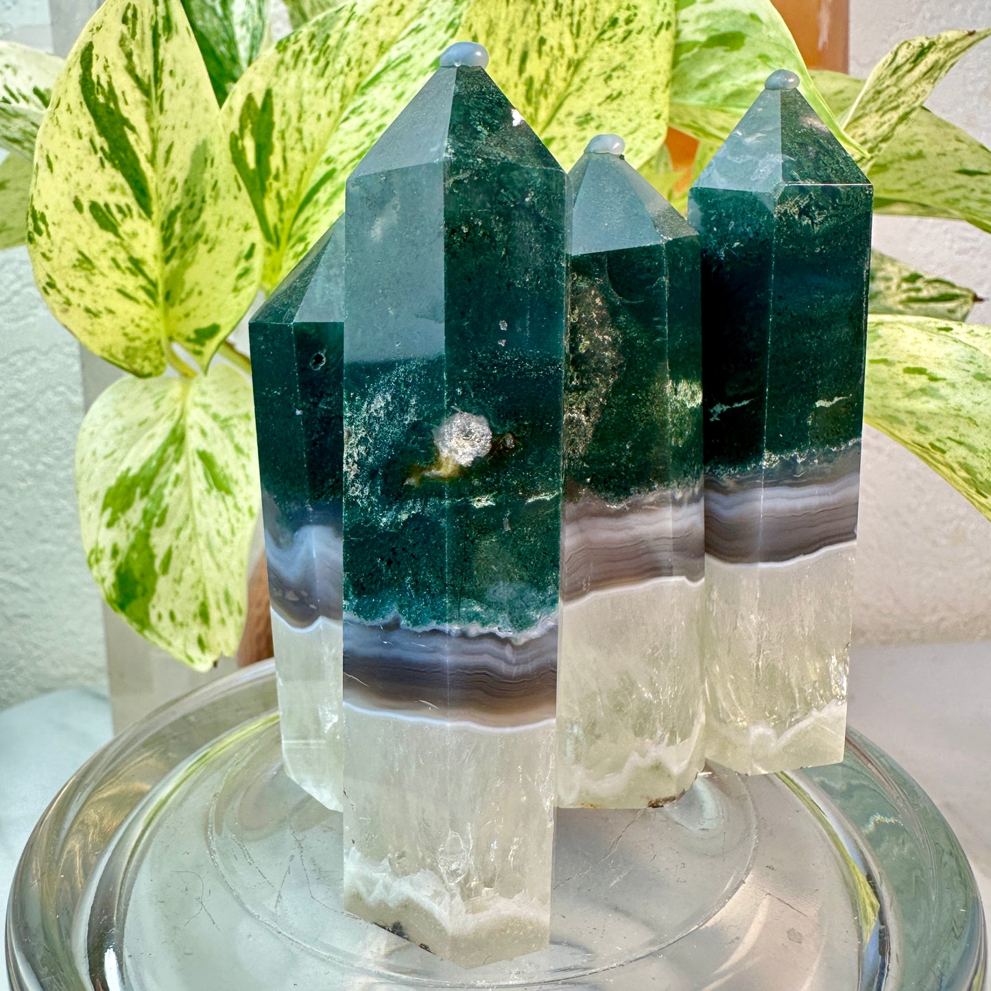 Moss Agate Points (with Quartz & Agate Layers) — 3 to 3.6 inch
Growth | Stability | Earth Connection
