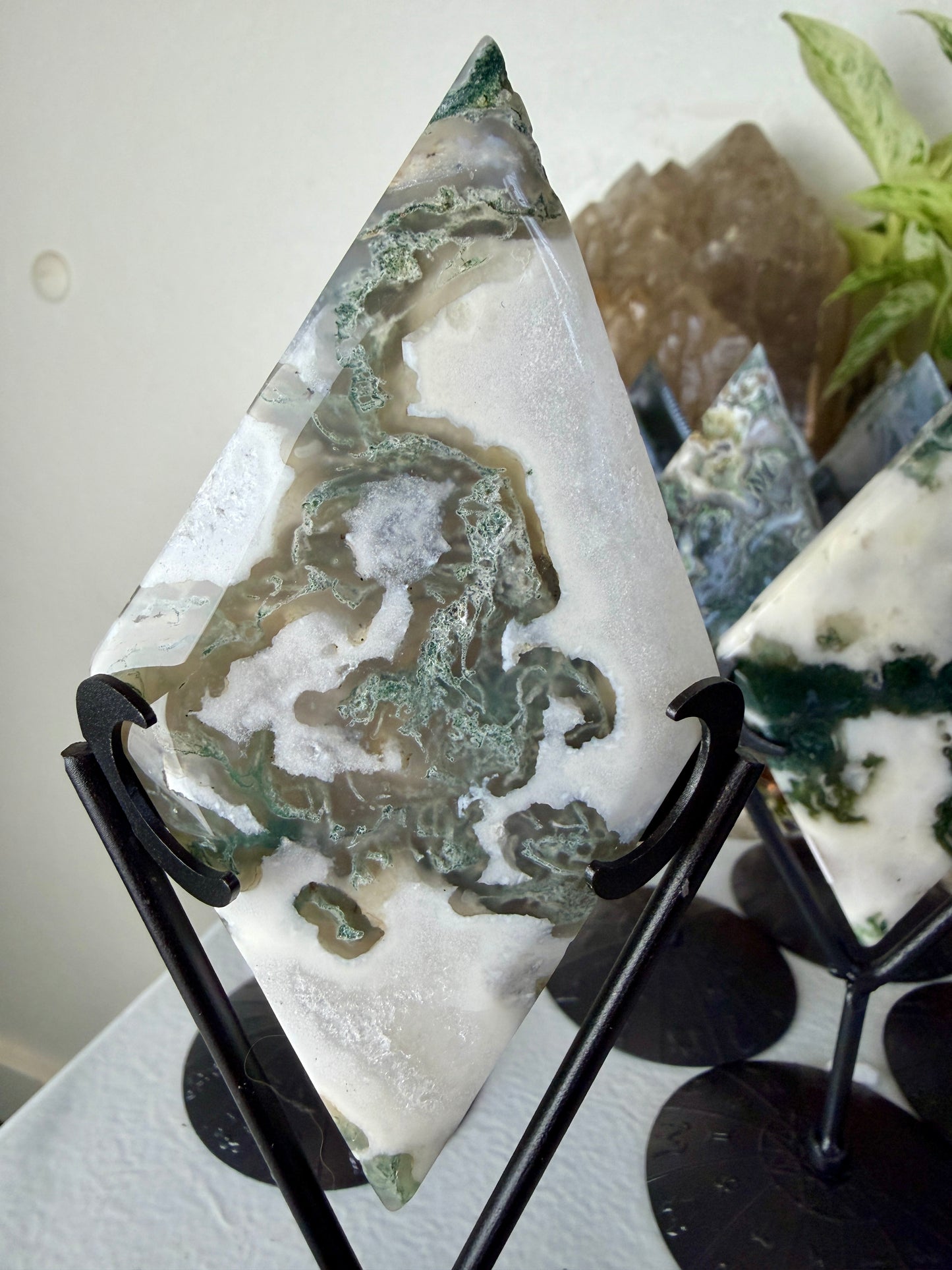 Moss Agate Rhombus with Stand - Imperfect