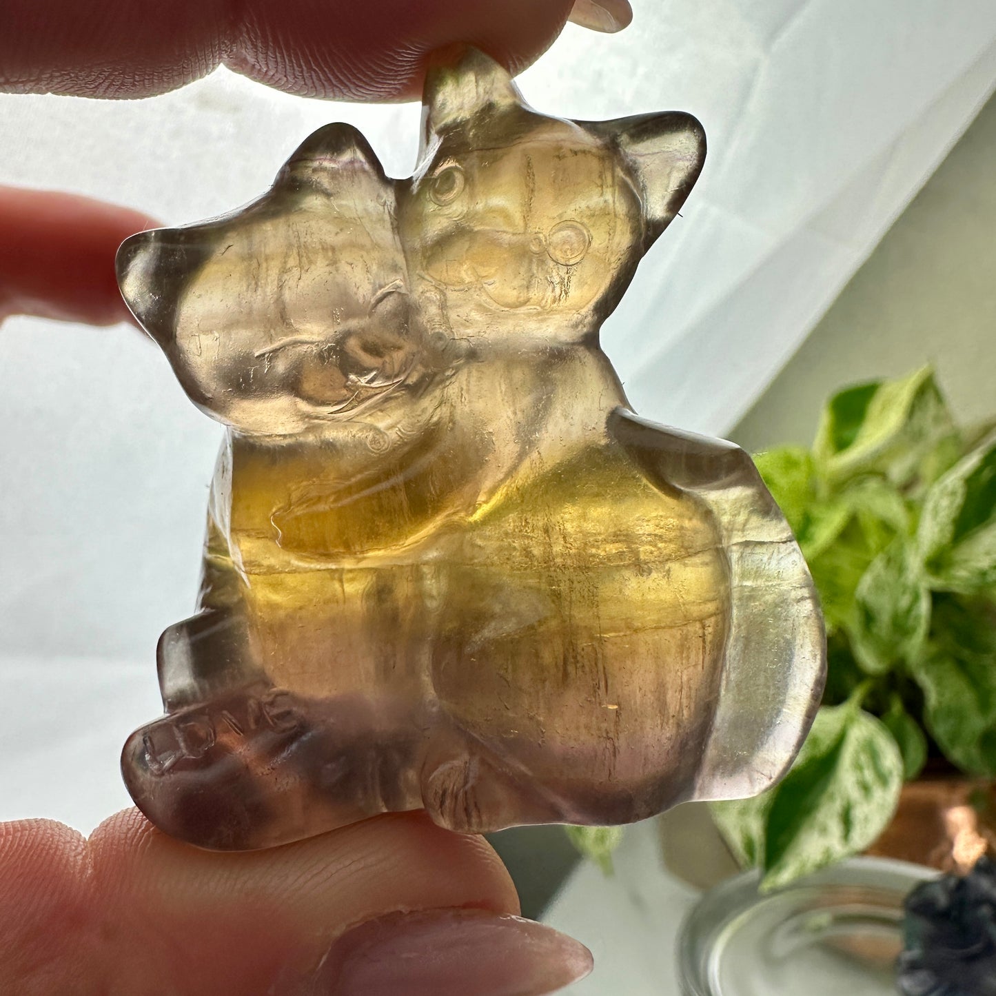 Fluorite Hugging Cats — 2 Inch “Love” Carving