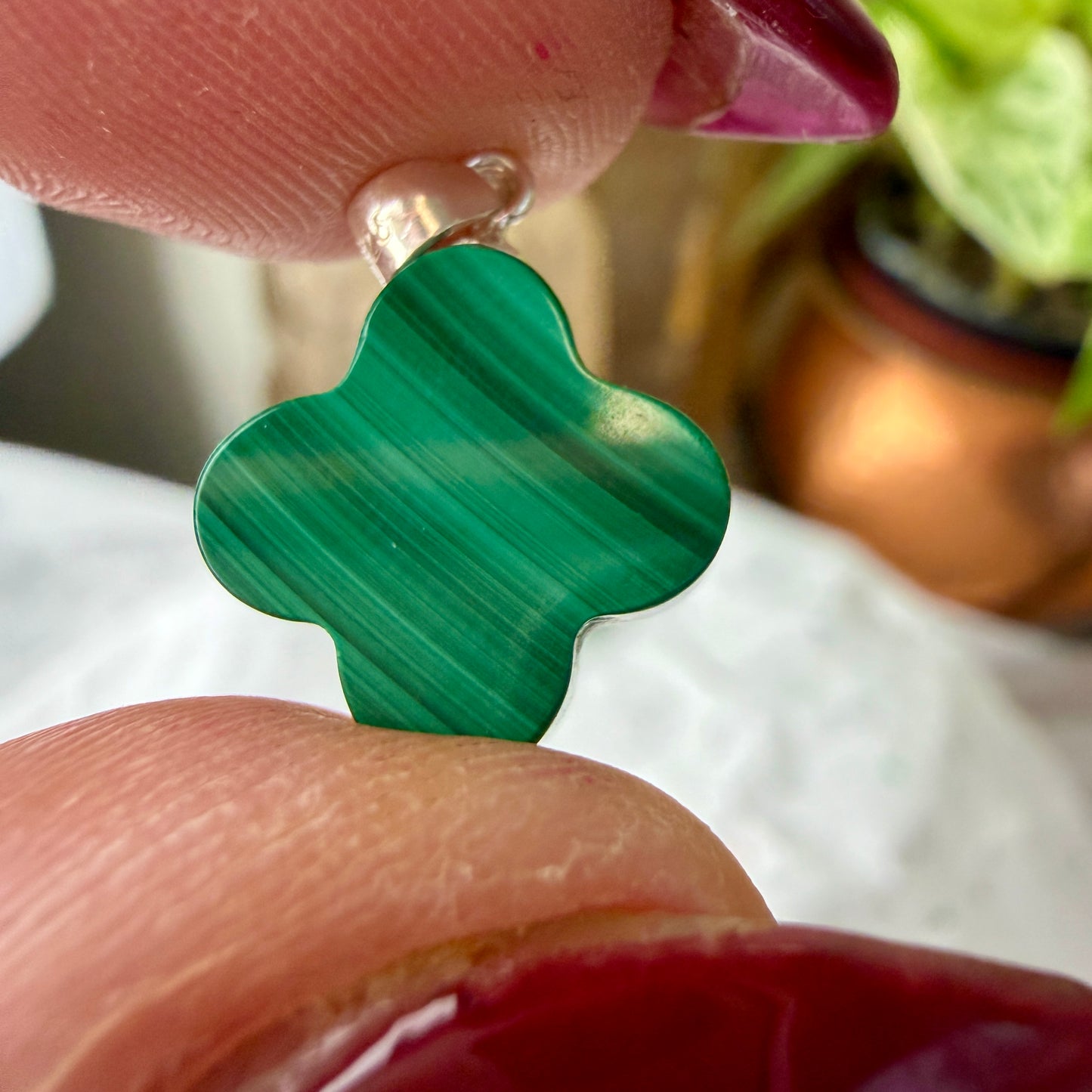 Malachite Clover Pendant | 14mm Heart Protection Crystal Jewelry | Transformation Stone