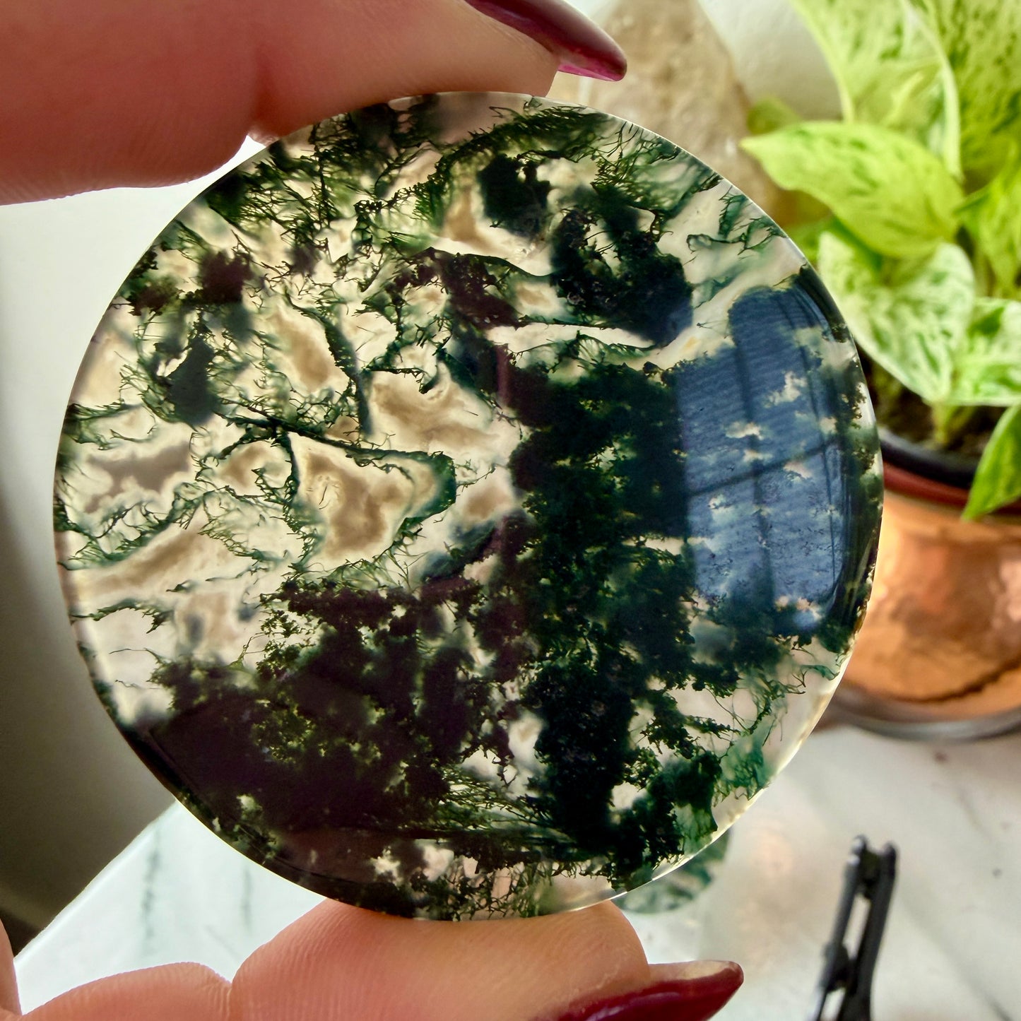 Moss Agate Window Crystal Slab | 2-Inch Prosperity & Growth Stone | Unique Landscape Carving