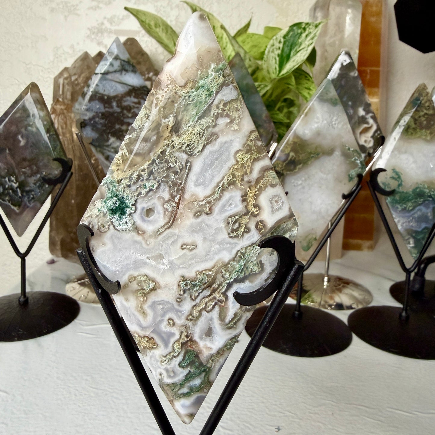 Moss Agate Rhombus with Stand - Imperfect