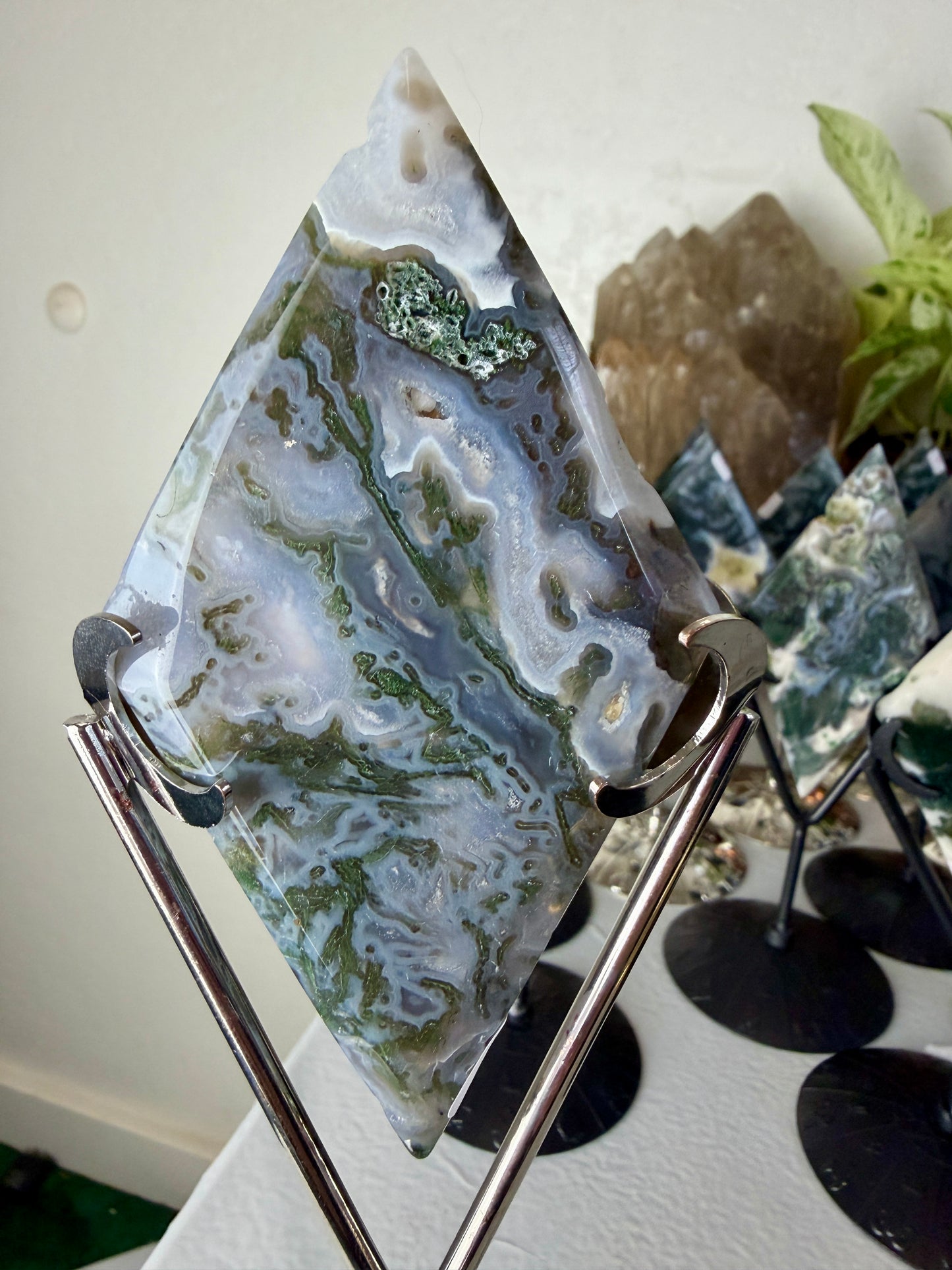 Moss Agate Rhombus with Stand - Imperfect