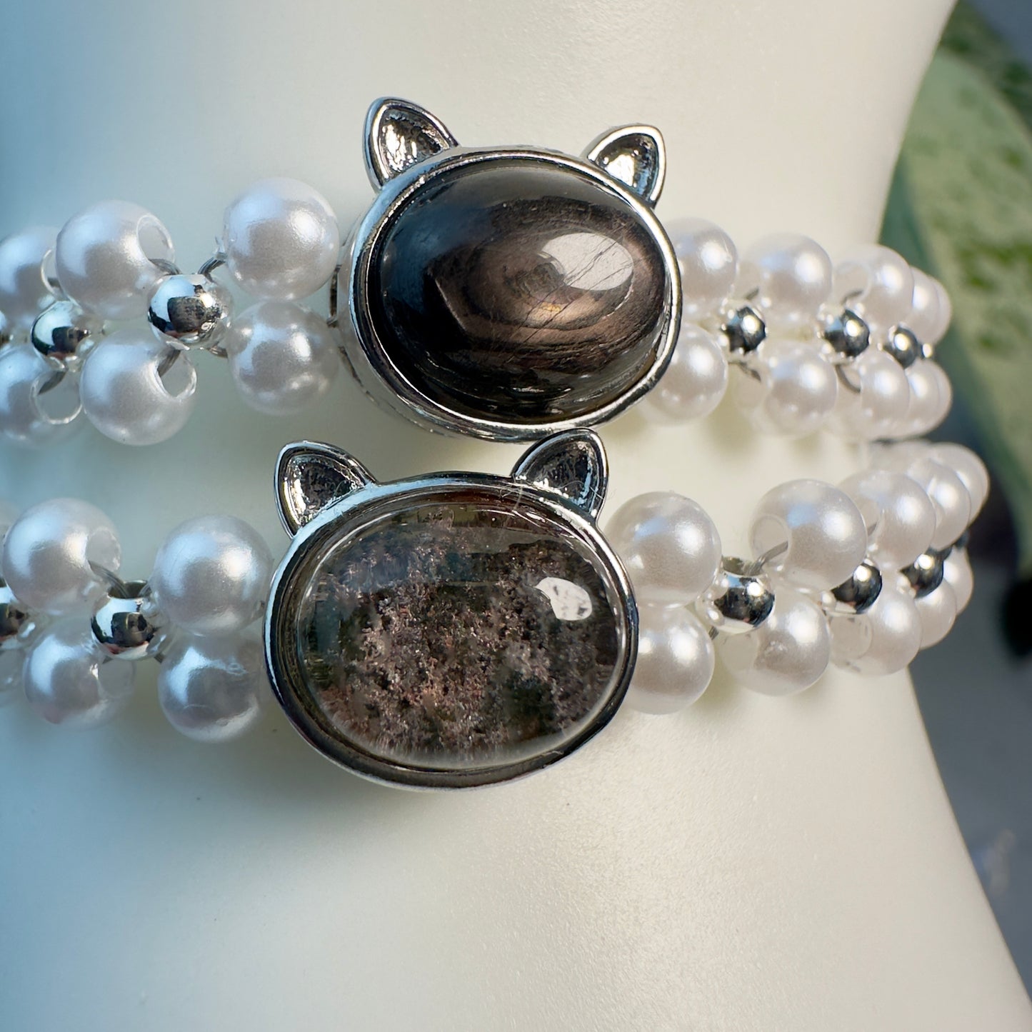 Cat Charm Bracelet — Faux Pearl with Natural Garden Quartz or Hypersthene
Whimsy | Protection | Inner Vision