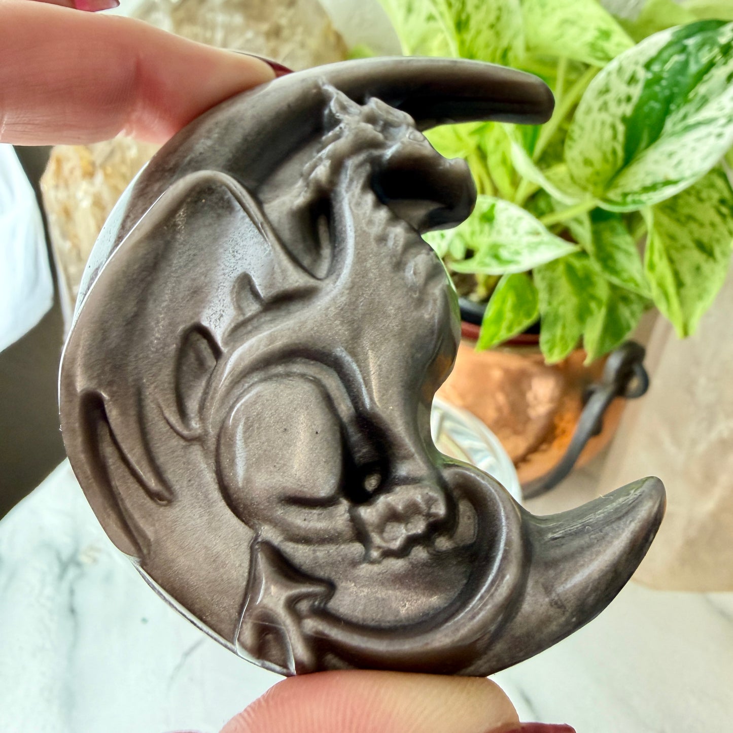 Silver Obsidian Dragon with Crescent Moon Carving - 74g Unique Piece