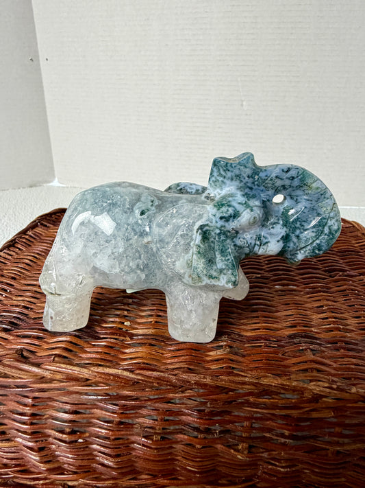Hand-Carved Moss Agate Elephant Specimen – Detailed Animal Figurine with Druzy Accents