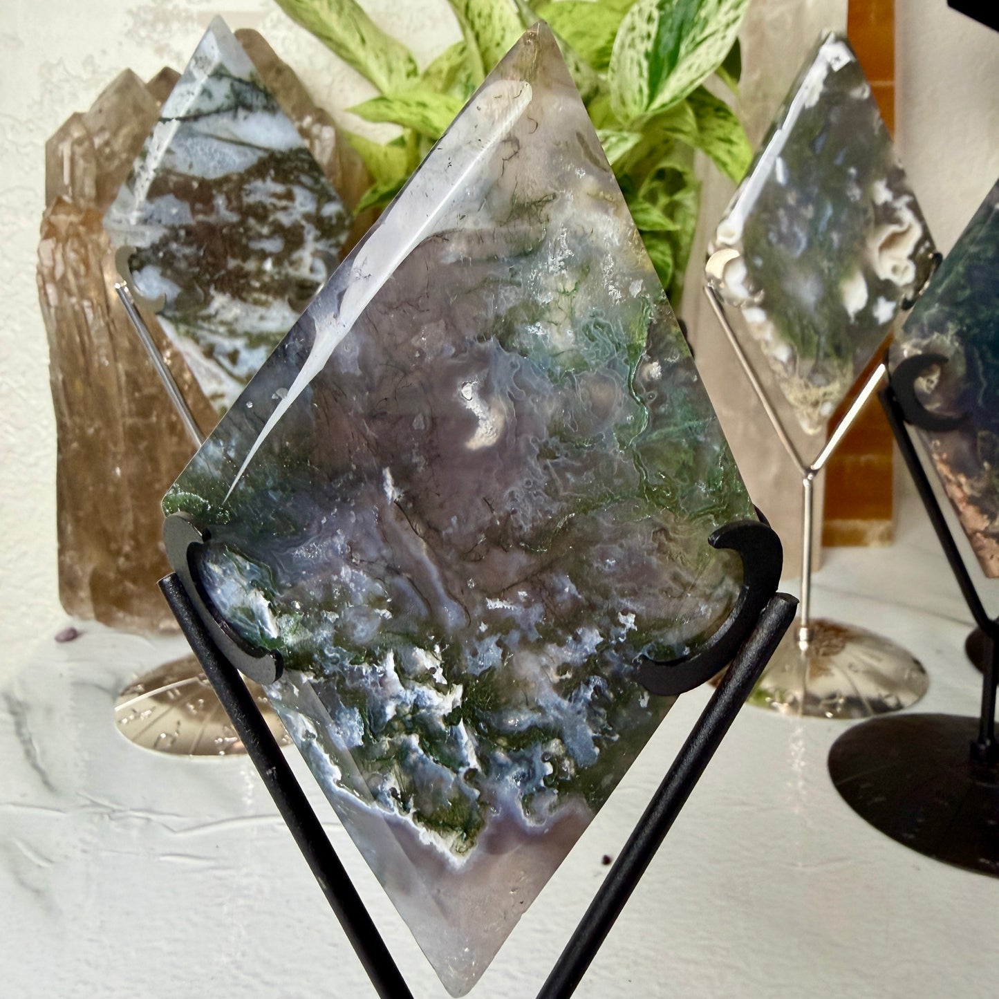 Moss Agate Rhombus with Stand - Imperfect