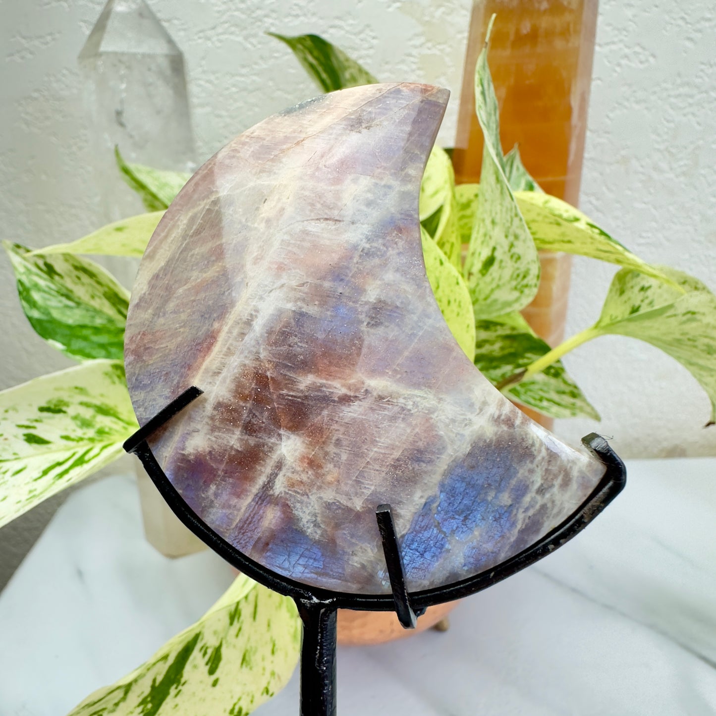 Belomorite Moonstone Crystal Crescent Moons - Custom Stands Included