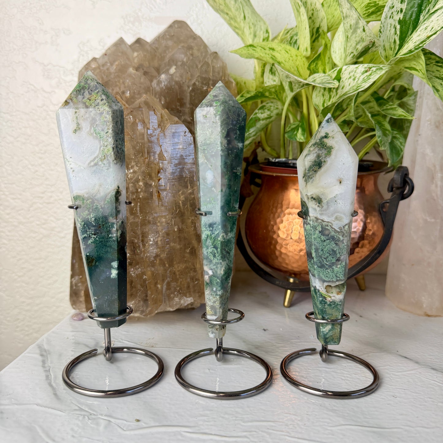Intuitive Pick Moss Agate Wands with Stands