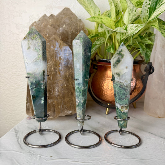 Intuitive Pick Moss Agate Wands with Stands