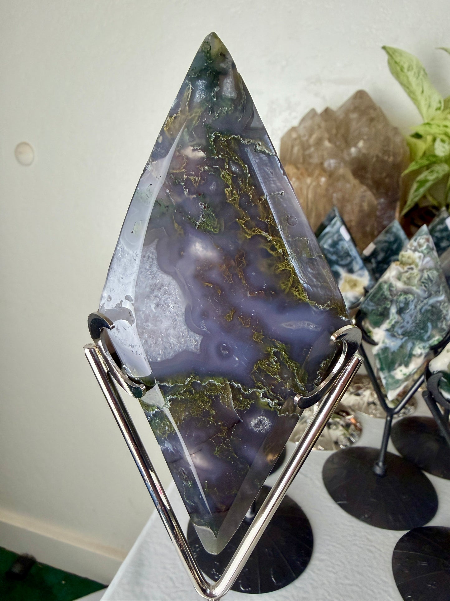 Moss Agate Rhombus with Stand - Imperfect