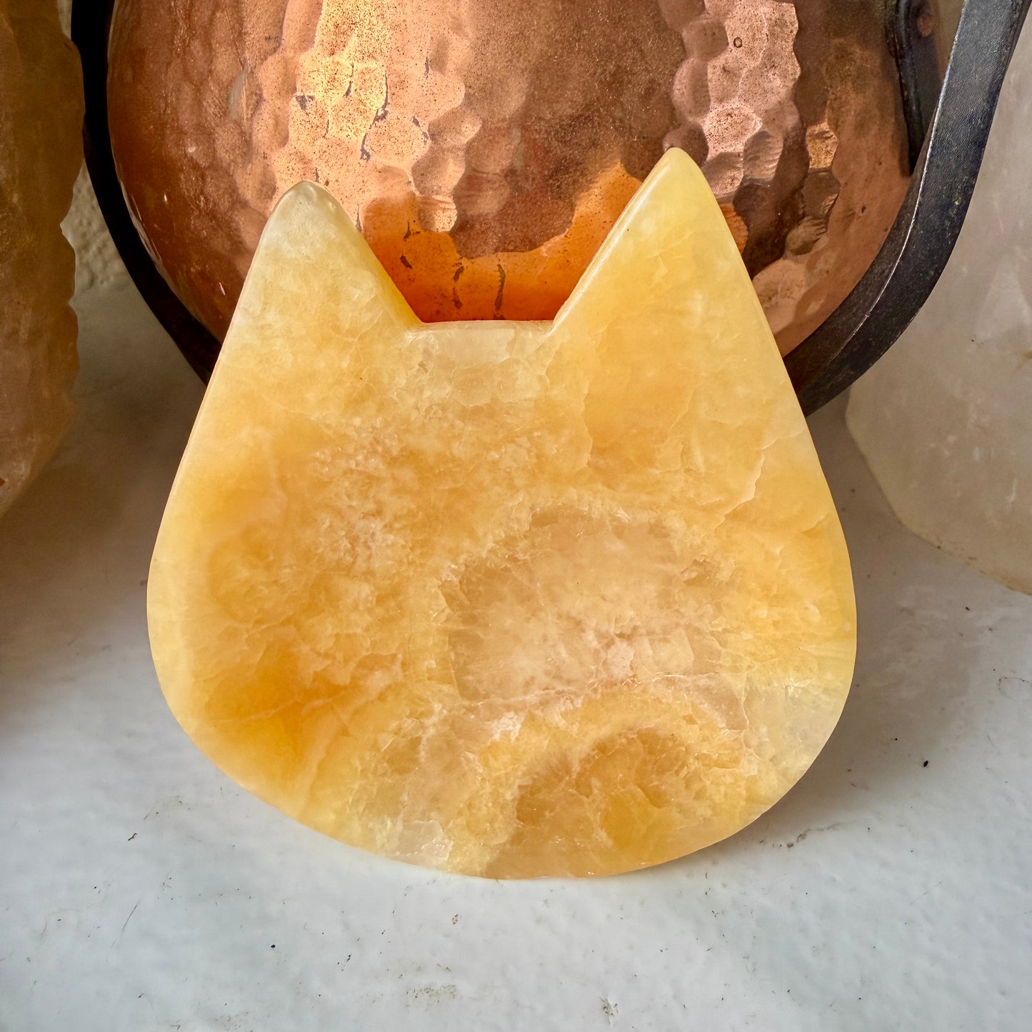 Polished Orange Calcite Cat Head Dish – Crystal Decor, Spiritual Energy, Jewelry Holder, Meditation Altar Accent