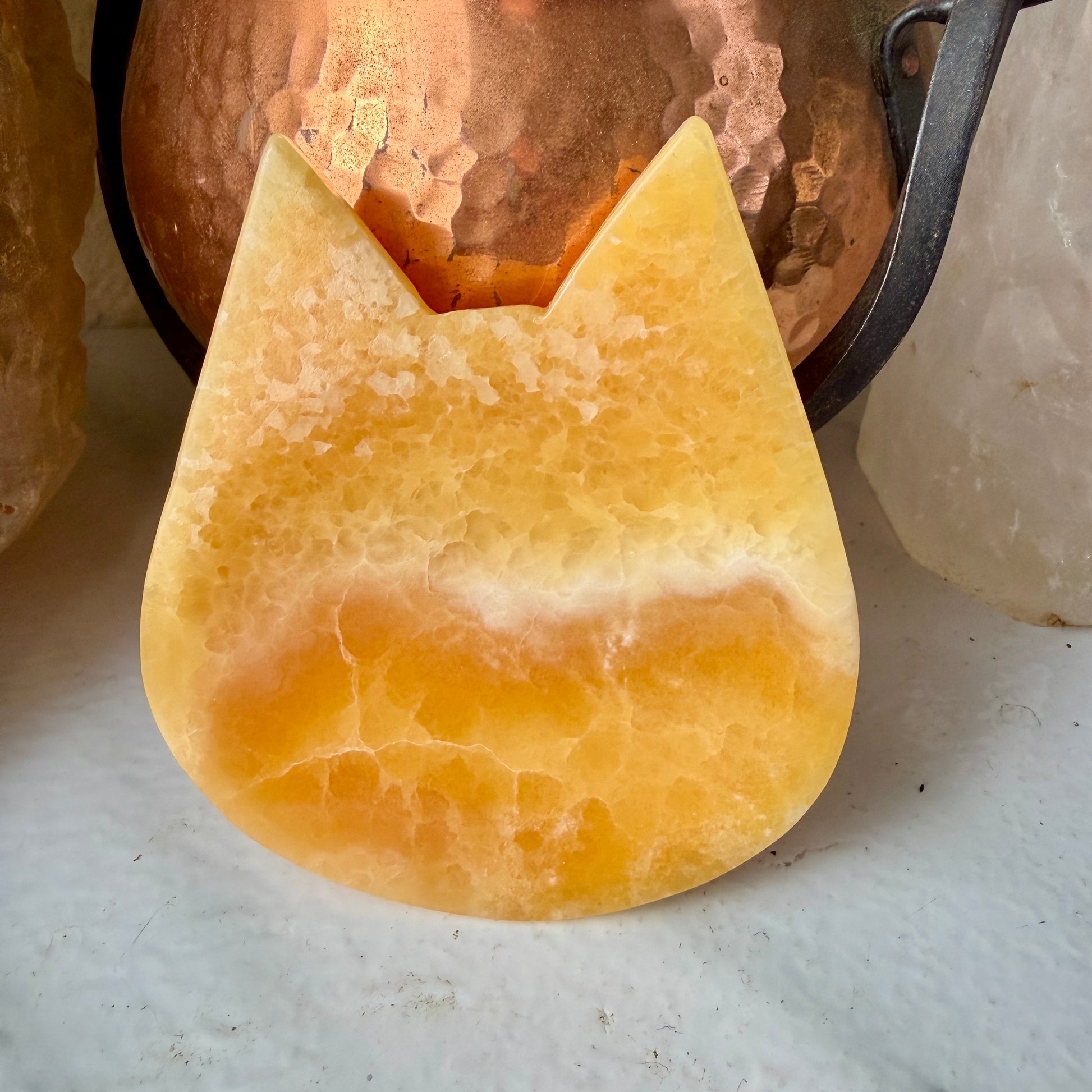 Polished Orange Calcite Cat Head Dish – Crystal Decor, Spiritual Energy, Jewelry Holder, Meditation Altar Accent - Katie's Mystic Crystals