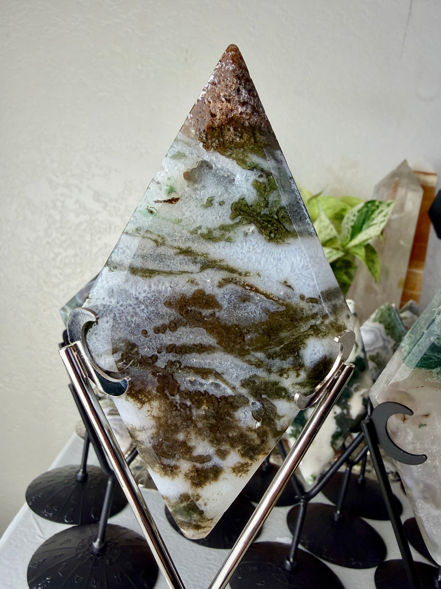 Moss Agate Rhombus with Stand - Imperfect