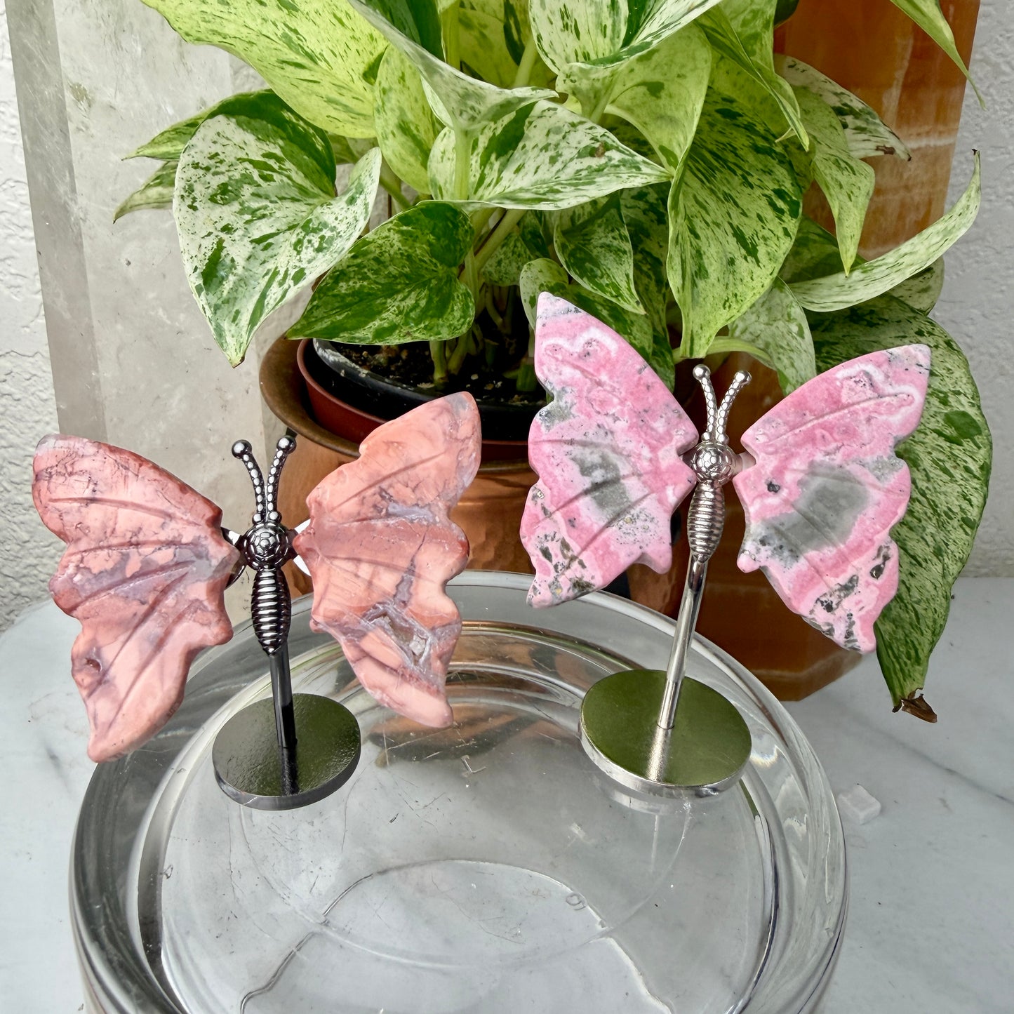 Crystal Butterfly Wings on Stand – Rhodonite & Pink Agate (1.9” Tall Wings)