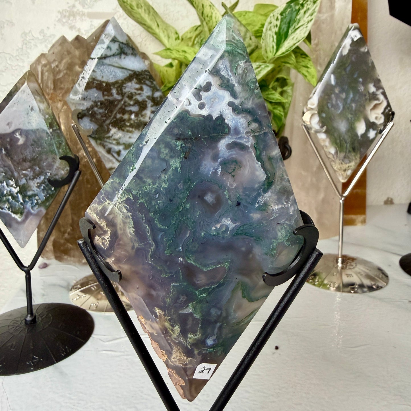 Moss Agate Rhombus with Stand - Imperfect