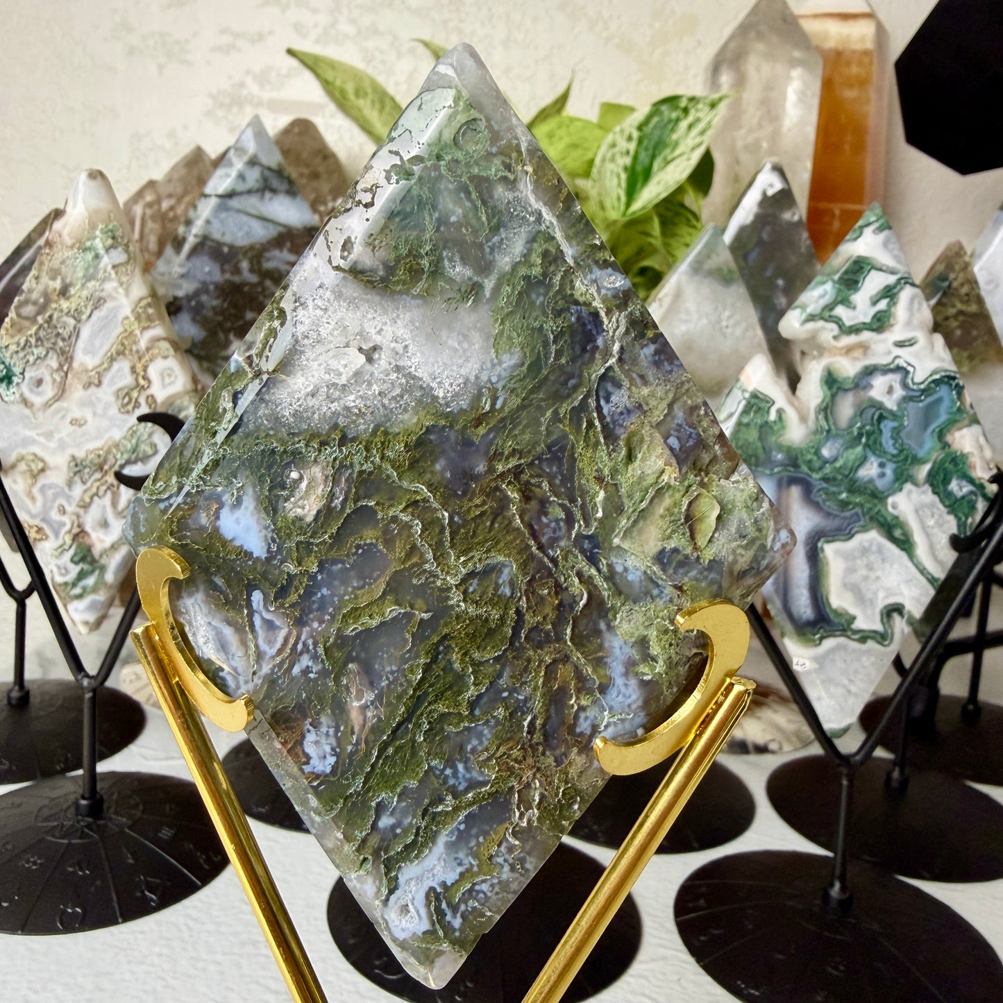 Moss Agate Rhombus with Stand - Imperfect