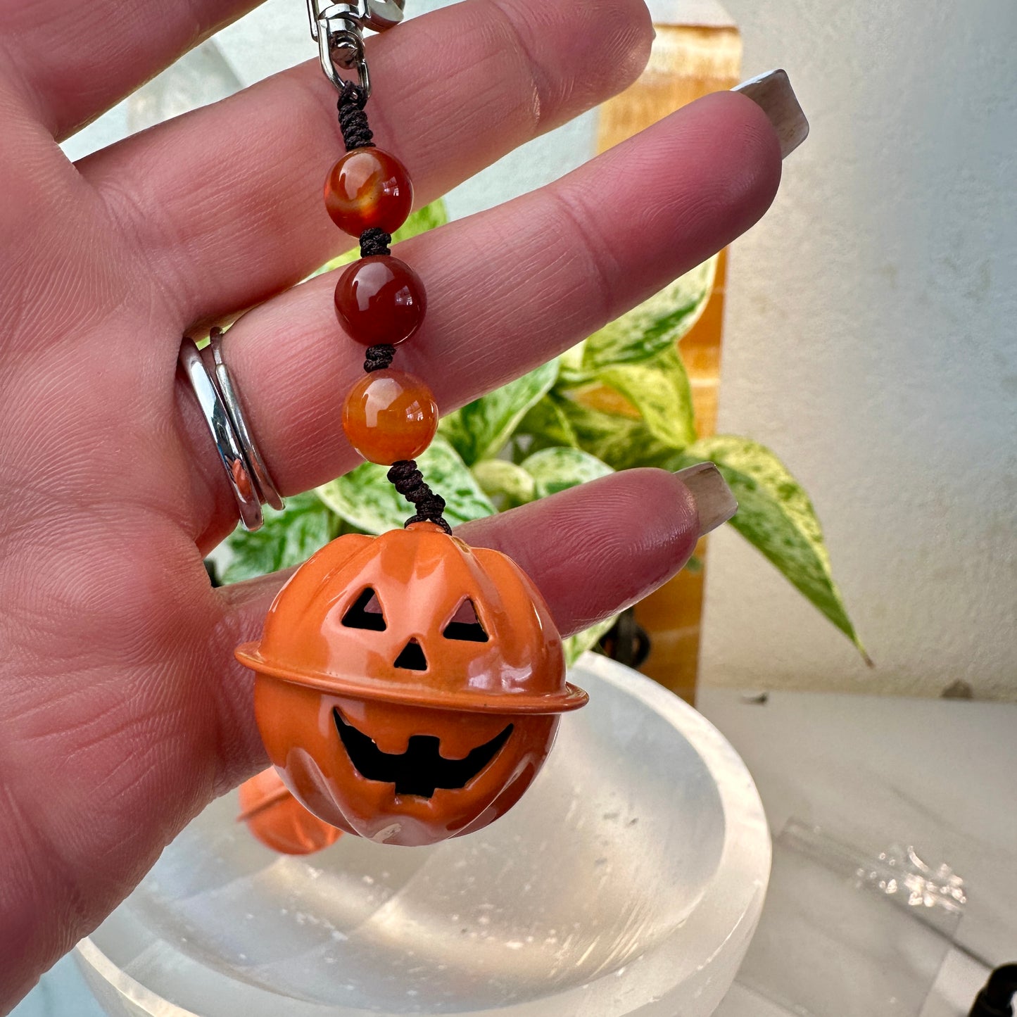 Pumpkin Jack-o’-Lantern Bell & Crystal Keychain
Protection | Fun | Autumn Magic