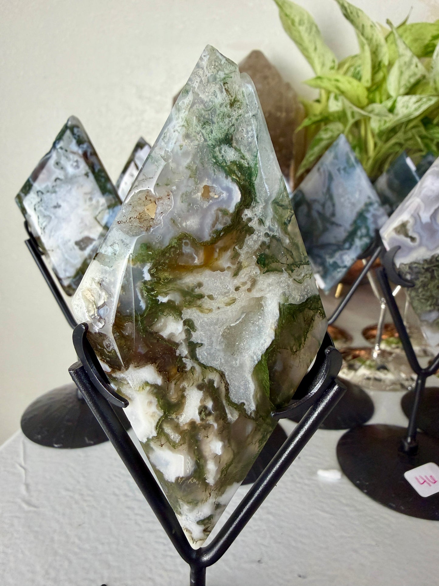 Moss Agate Rhombus with Stand - Imperfect