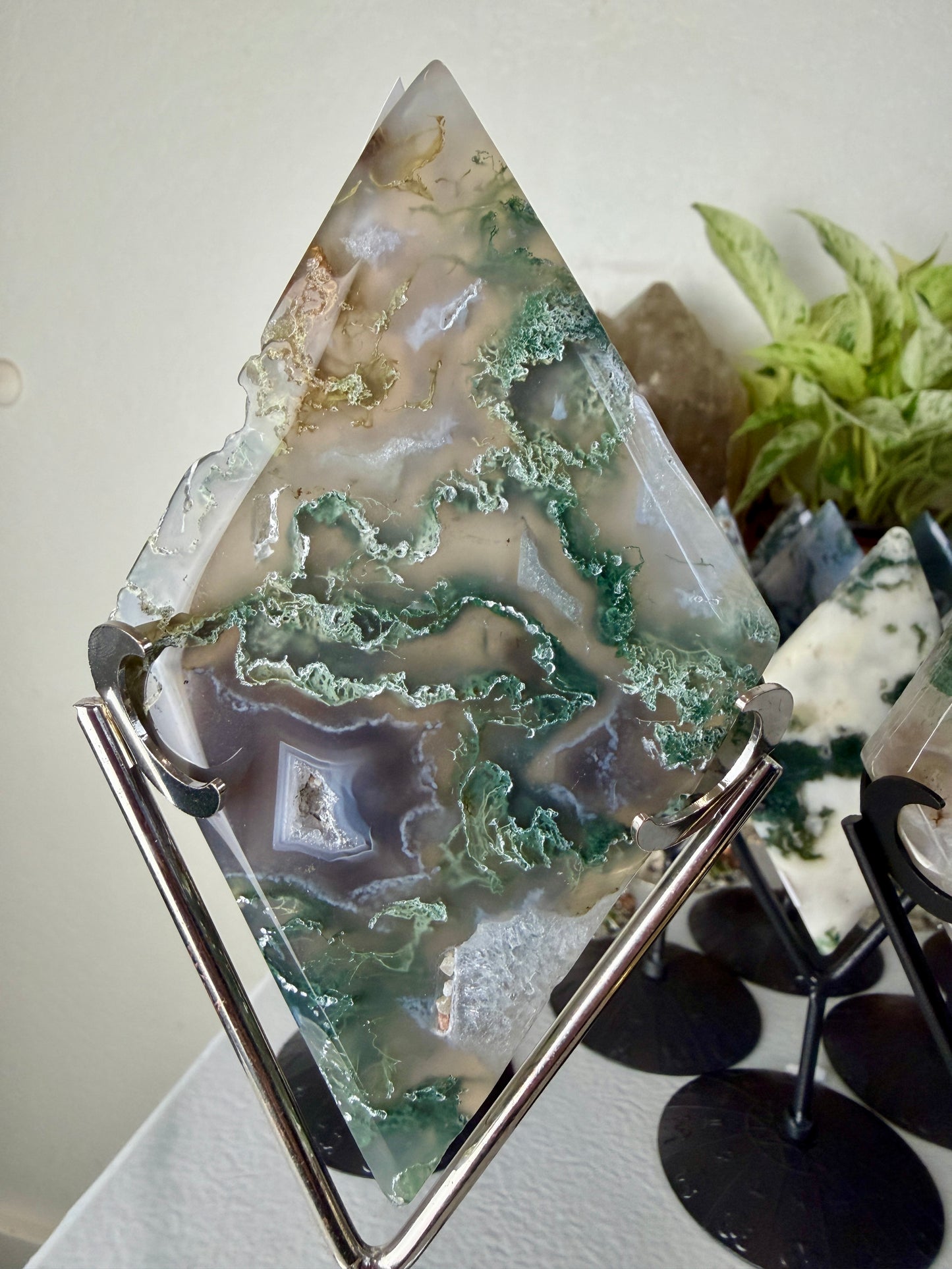 Moss Agate Rhombus with Stand - Imperfect