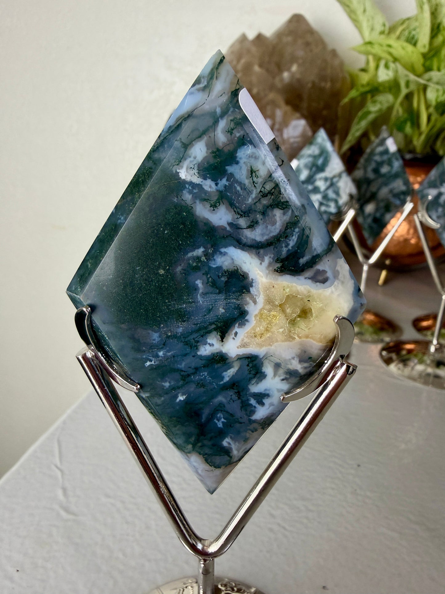 Moss Agate Rhombus with Stand - Imperfect