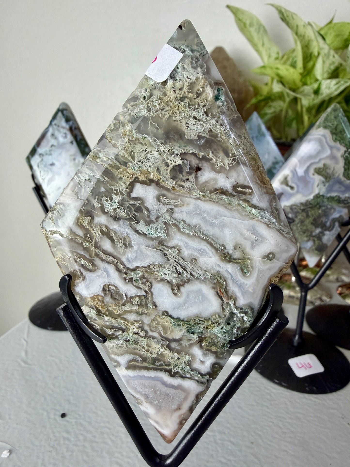 Moss Agate Rhombus with Stand - Imperfect